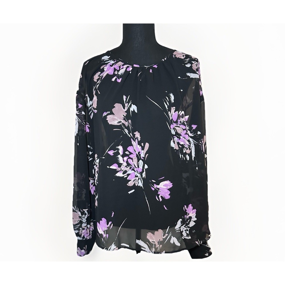 Worthington Women's Sheer Black Purple Floral Long Sleeve‎ Career Top Blouse XL